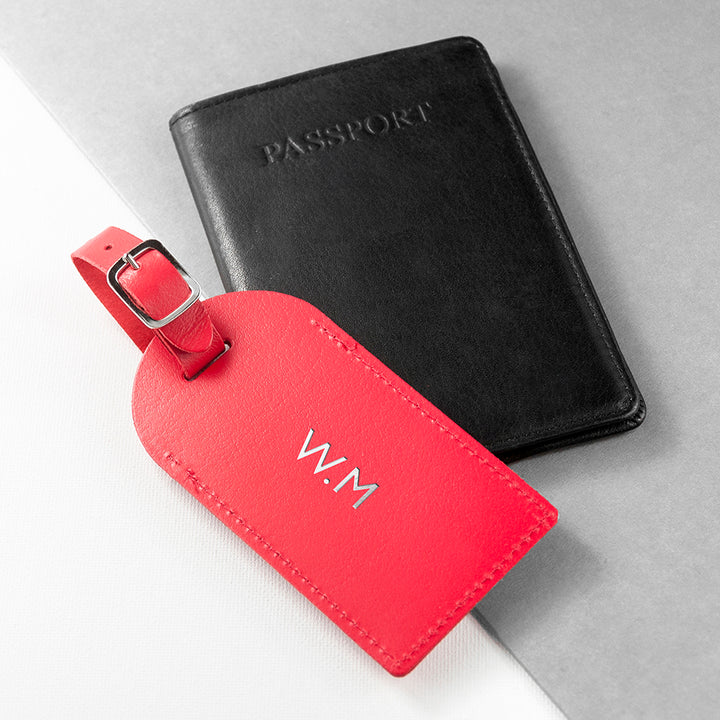 Personalised Red Foiled Leather Luggage Tag in gift category 