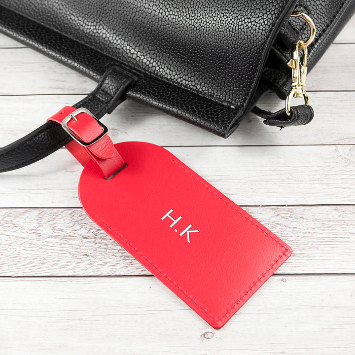 Personalised Red Foiled Leather Luggage Tag in gift category 