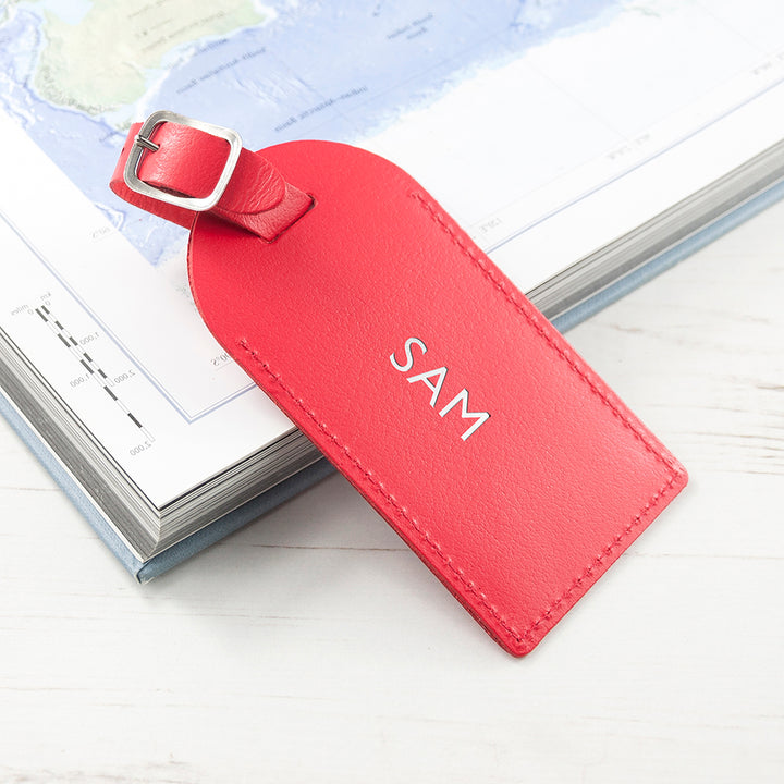 Personalised Red Foiled Leather Luggage Tag in gift category 