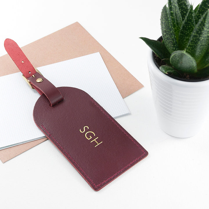 Personalised Burgundy Foiled Leather Luggage Tag in gift category 