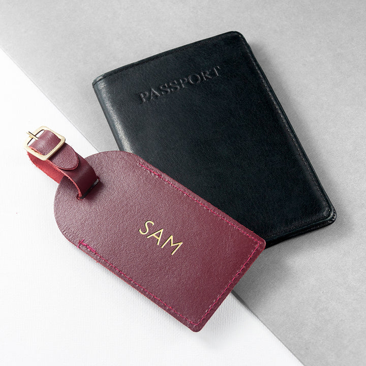 Personalised Burgundy Foiled Leather Luggage Tag in gift category 