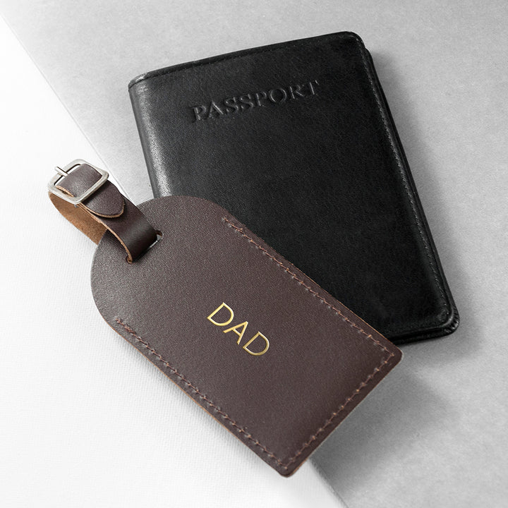 Personalised Brown Foiled Leather Luggage Tag in gift category 