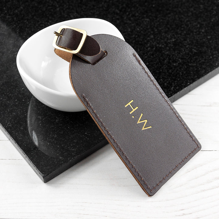 Personalised Brown Foiled Leather Luggage Tag in gift category 