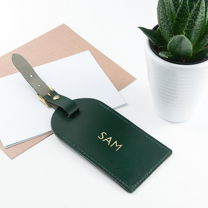 Buy Personalised Dark Green Foiled Leather Luggage Tag available now at www.giftsfinder.co.uk