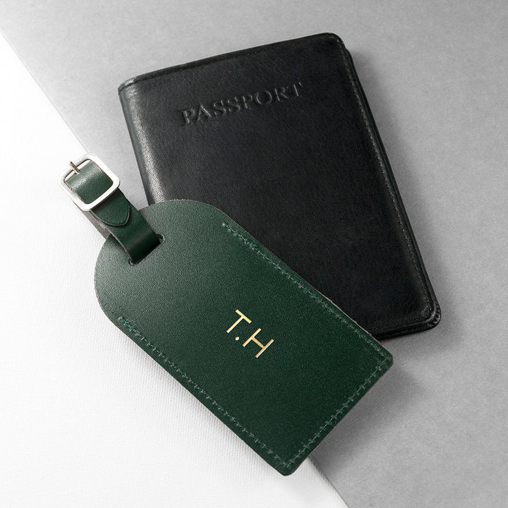 Buy Personalised Dark Green Foiled Leather Luggage Tag available now at www.giftsfinder.co.uk