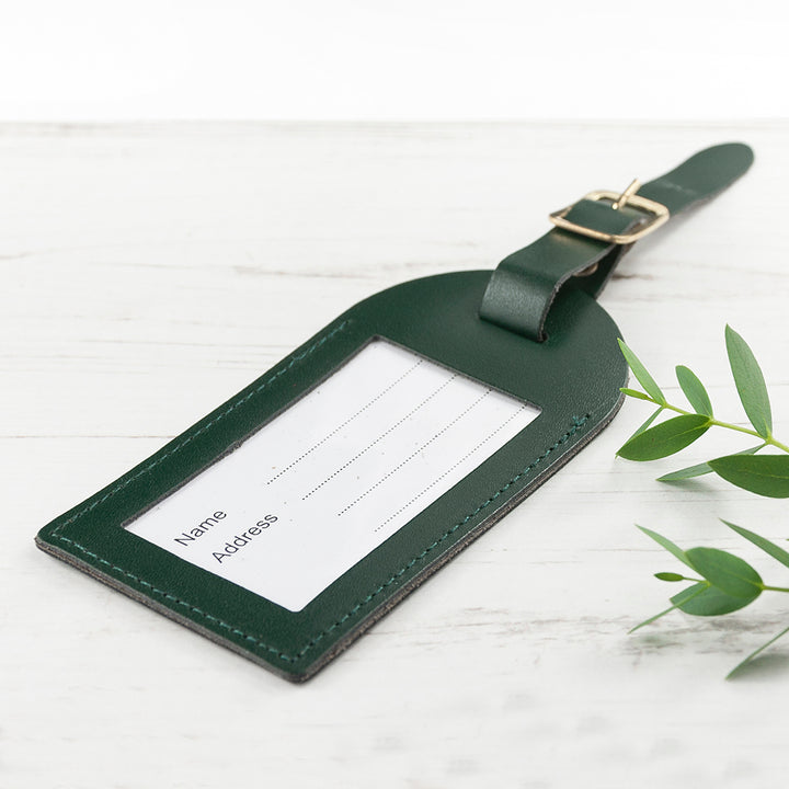 Buy Personalised Dark Green Foiled Leather Luggage Tag available now at www.giftsfinder.co.uk