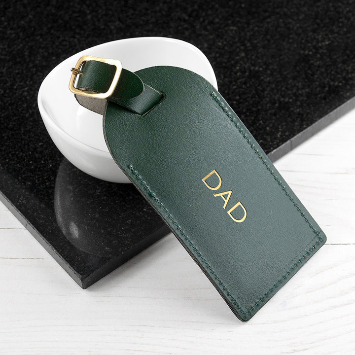 Buy Personalised Dark Green Foiled Leather Luggage Tag available now at www.giftsfinder.co.uk