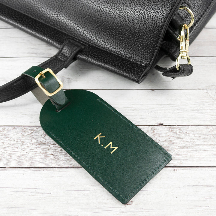 Buy Personalised Dark Green Foiled Leather Luggage Tag available now at www.giftsfinder.co.uk