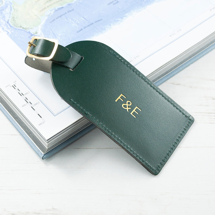 Buy Personalised Dark Green Foiled Leather Luggage Tag available now at www.giftsfinder.co.uk