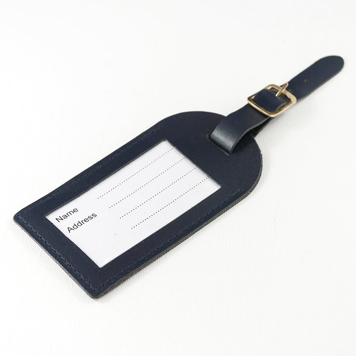 Buy Personalised Navy Foiled Leather Luggage Tag at www.giftsfinder.co.uk