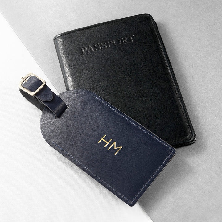 Personalised Navy Foiled Leather Luggage Tag in gift category 