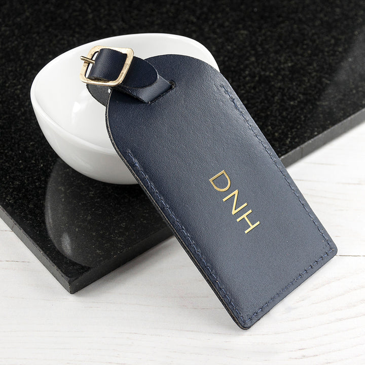 Personalised Navy Foiled Leather Luggage Tag in gift category 