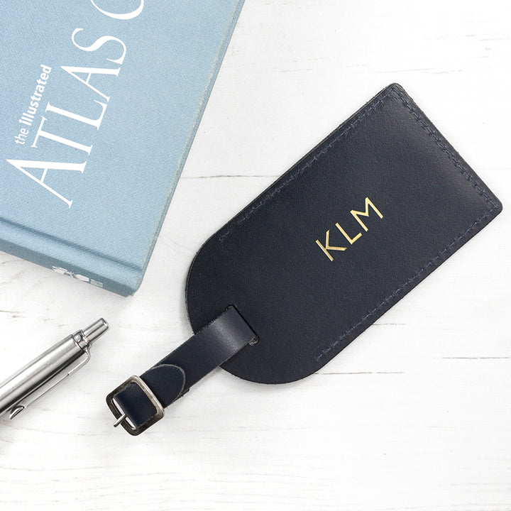 Buy Personalised Navy Foiled Leather Luggage Tag at www.giftsfinder.co.uk