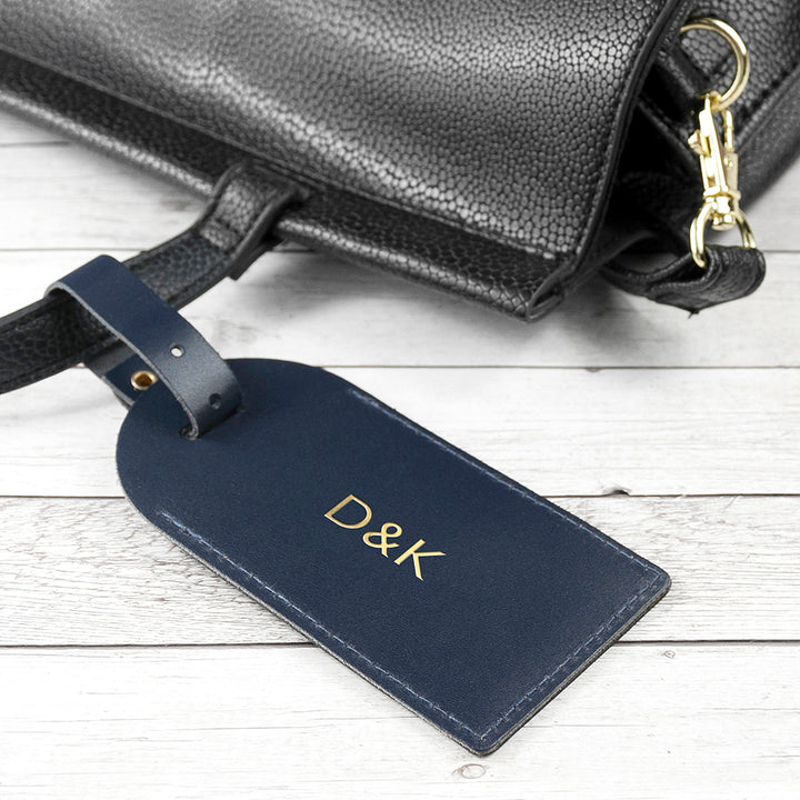 Personalised Navy Foiled Leather Luggage Tag in gift category 