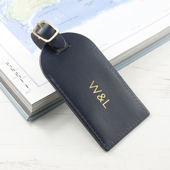 Buy Personalised Navy Foiled Leather Luggage Tag at www.giftsfinder.co.uk