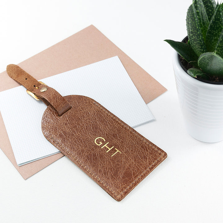 Personalised Natural Tan Foiled Leather Luggage Tag in gift category 