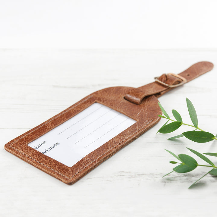 Personalised Natural Tan Foiled Leather Luggage Tag in gift category 