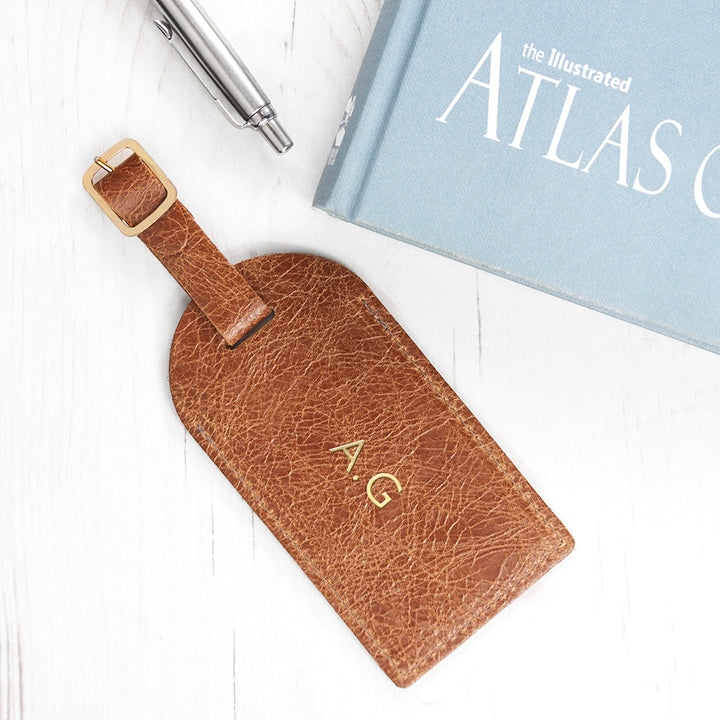 Personalised Natural Tan Foiled Leather Luggage Tag in gift category 