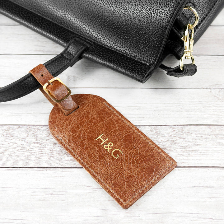 Personalised Natural Tan Foiled Leather Luggage Tag in gift category 