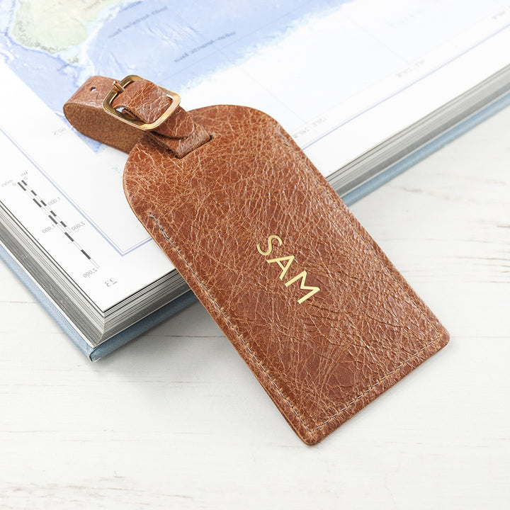 Personalised Natural Tan Foiled Leather Luggage Tag in gift category 