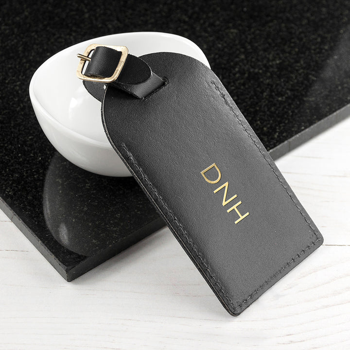 Personalised Black Foiled Leather Luggage Tag in gift category 