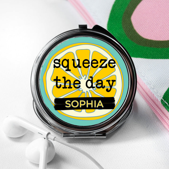 Squeeze The Day Round Compact Mirror in gift category Personalised Compact Mirrors