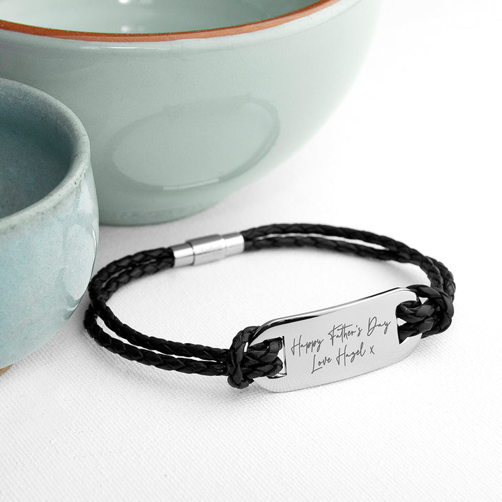 Buy Personalised Handwriting Mens Black Leather Bracelet available now at www.giftsfinder.co.uk