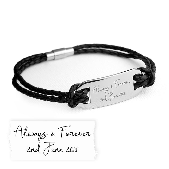 Buy Personalised Handwriting Mens Black Leather Bracelet available now at www.giftsfinder.co.uk