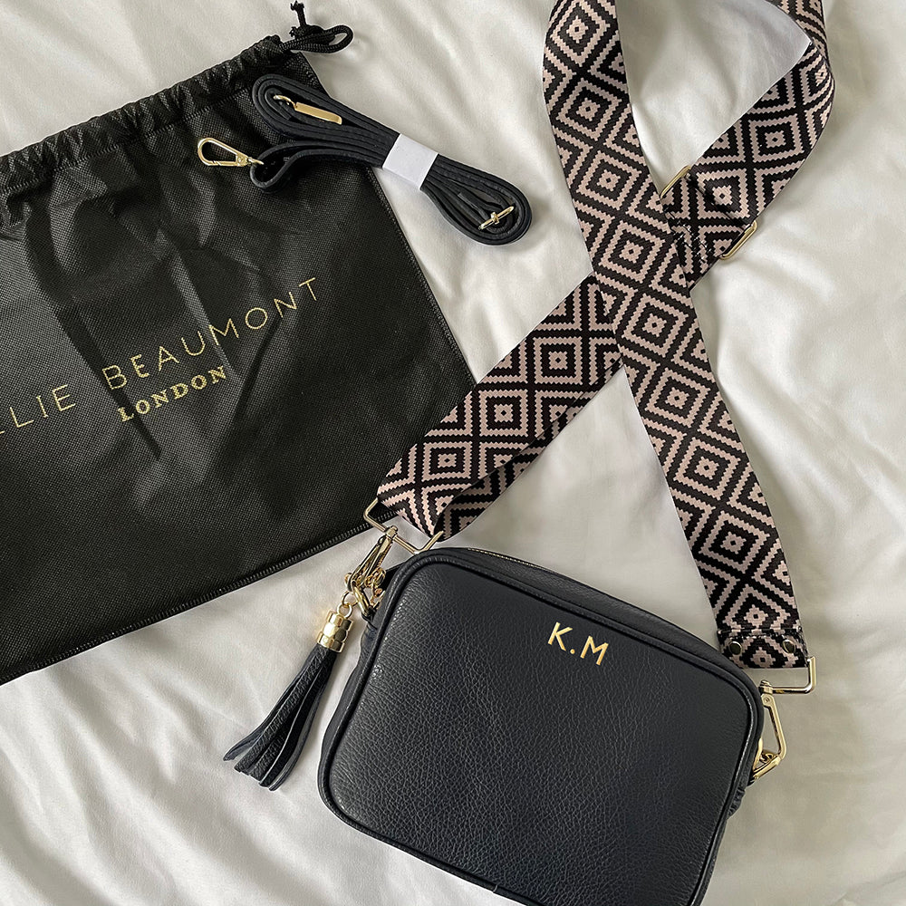 Personalised Elie Beaumont Black Bag with Blue Diamond Strap in gift category 