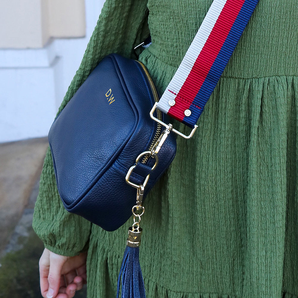 Personalised Elie Beaumont Navy Bag with Tricolour Strap in gift category 