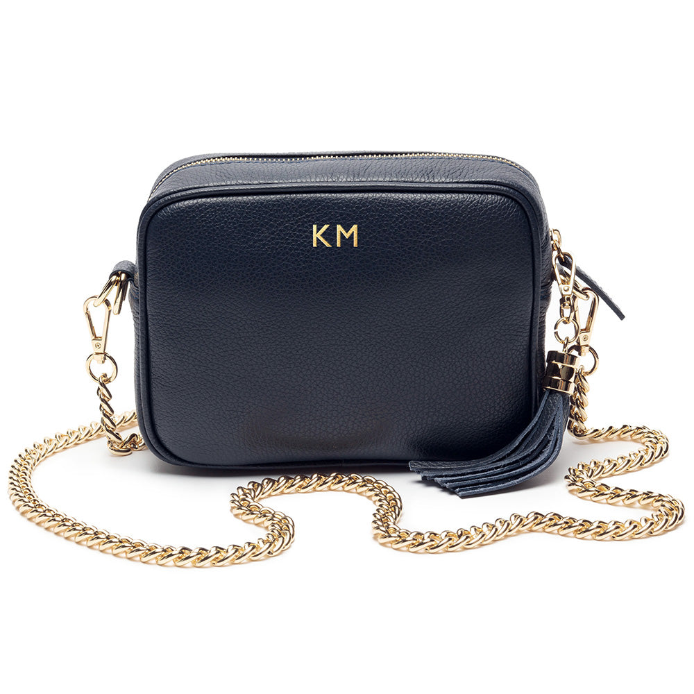 Personalised Elie Beaumont Navy Bag with Gold Chain Strap in gift category 