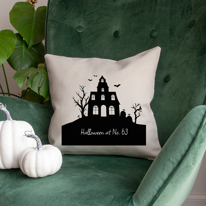 Buy Personalised Halloween Haunted House Cushion Cover available now at www.giftsfinder.co.uk