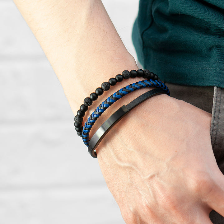 Buy Personalised Men's Black Stone and Blue Cord Bracelet available now at www.giftsfinder.co.uk