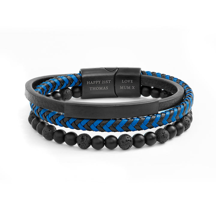 Buy Personalised Men's Black Stone and Blue Cord Bracelet available now at www.giftsfinder.co.uk