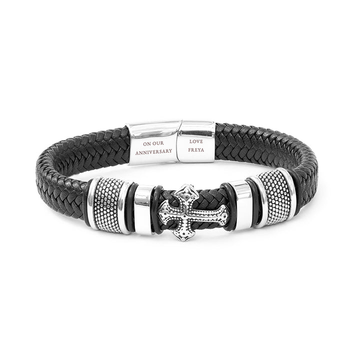 Buy Personalised Men's Gothic Cross Leather Bracelet available now at www.giftsfinder.co.uk