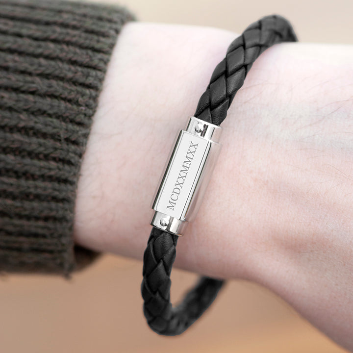 Buy Personalised Men's Roman Numerals Luxury Black Leather Bracelet available now at www.giftsfinder.co.uk