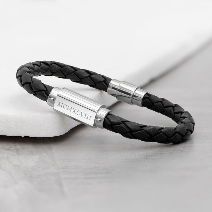 Buy Personalised Men's Roman Numerals Luxury Black Leather Bracelet available now at www.giftsfinder.co.uk