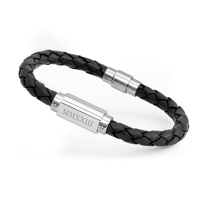 Buy Personalised Men's Roman Numerals Luxury Black Leather Bracelet available now at www.giftsfinder.co.uk