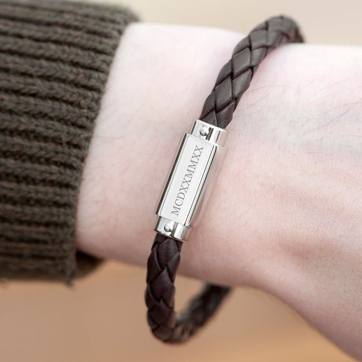 Personalised Men's Roman Numerals Luxury Brown Leather Bracelet in gift category 