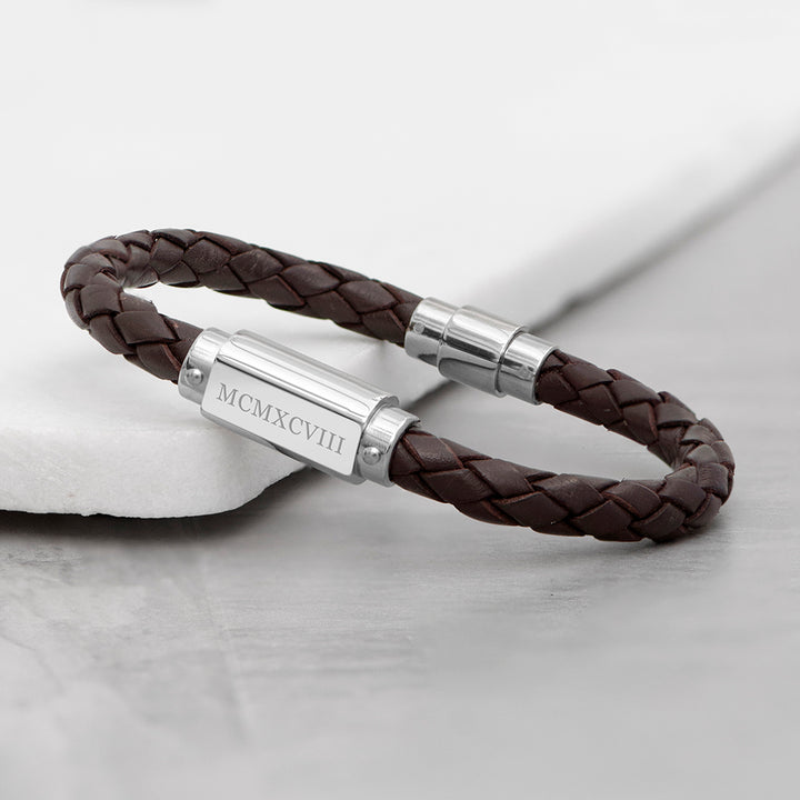 Buy Personalised Men's Roman Numerals Luxury Brown Leather Bracelet available now at www.giftsfinder.co.uk