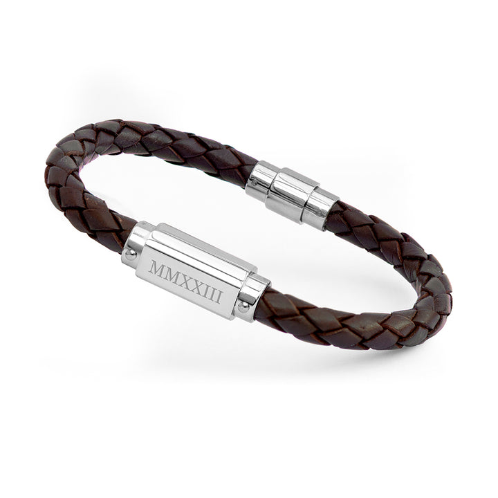 Buy Personalised Men's Roman Numerals Luxury Brown Leather Bracelet available now at www.giftsfinder.co.uk