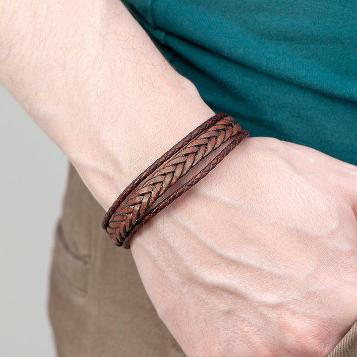 Buy Personalised Men's Woven Layered Brown Leather Bracelet available now at www.giftsfinder.co.uk