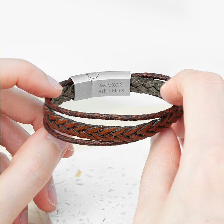 Buy Personalised Men's Woven Layered Brown Leather Bracelet available now at www.giftsfinder.co.uk