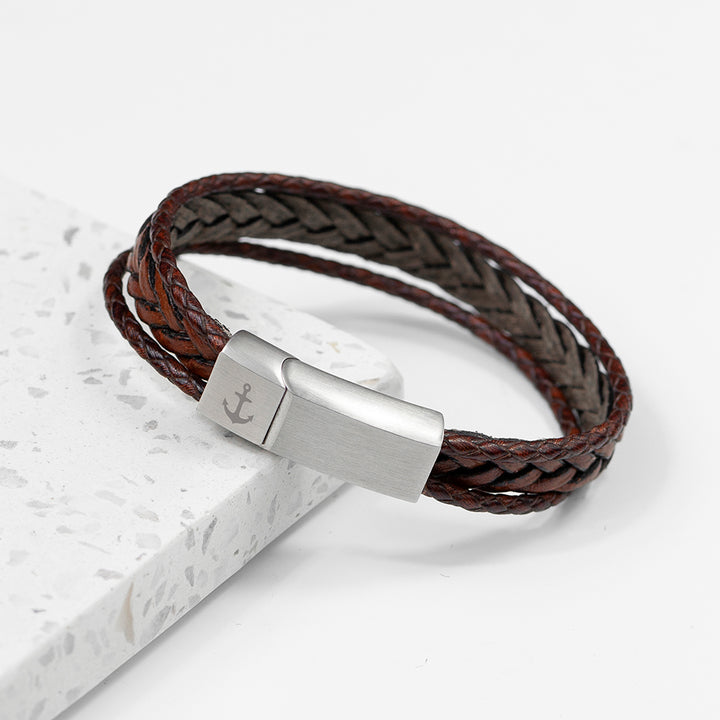 Buy Personalised Men's Woven Layered Brown Leather Bracelet available now at www.giftsfinder.co.uk