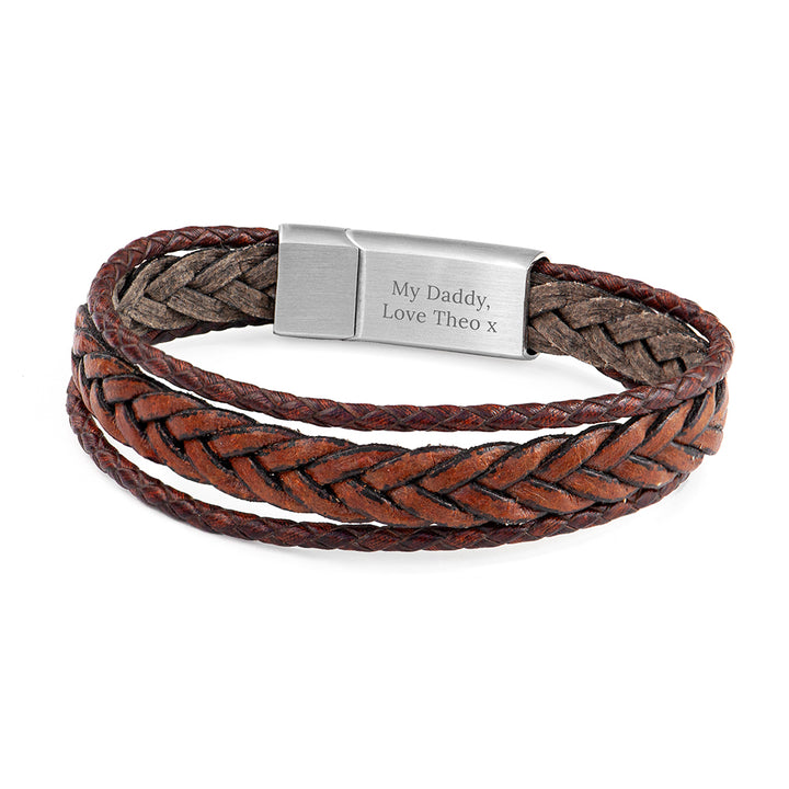 Buy Personalised Men's Woven Layered Brown Leather Bracelet available now at www.giftsfinder.co.uk