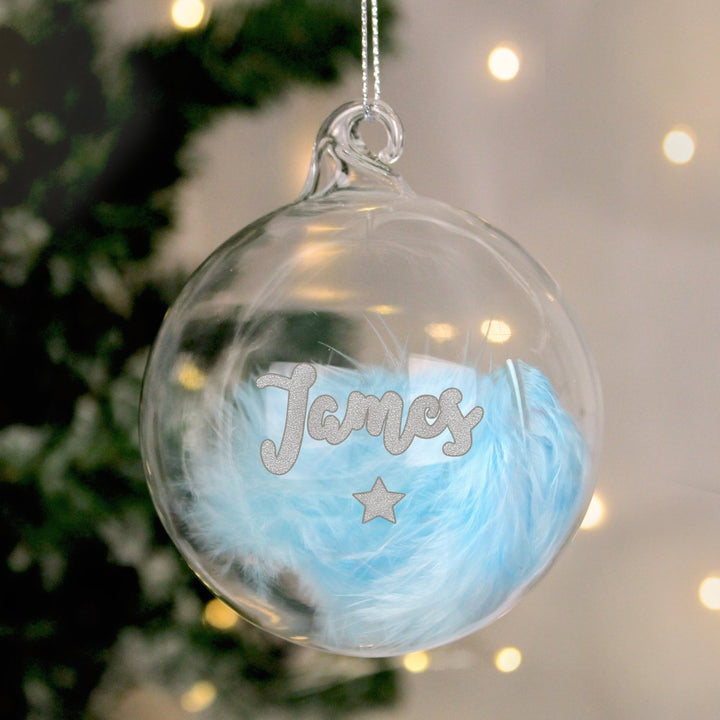 Buy Personalised Blue Feather Silver Star Glass Bauble from www.giftsfinder.co.uk