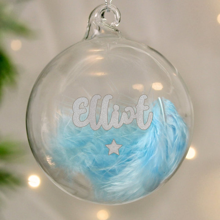 Buy Personalised Blue Feather Silver Star Glass Bauble from www.giftsfinder.co.uk