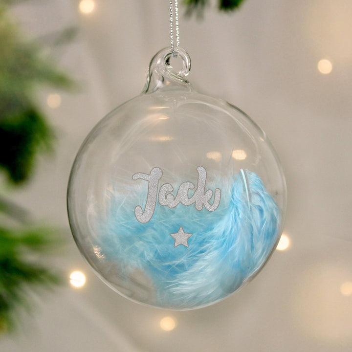 Buy Personalised Blue Feather Silver Star Glass Bauble from www.giftsfinder.co.uk