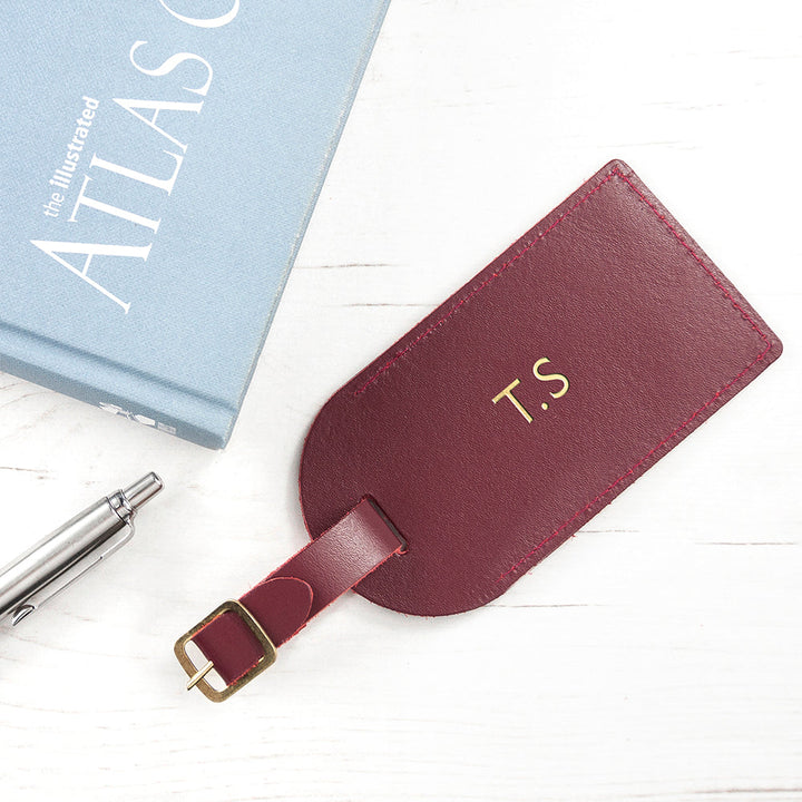 Personalised Burgundy Foiled Leather Luggage Tag in gift category Personalised Luggage Tags