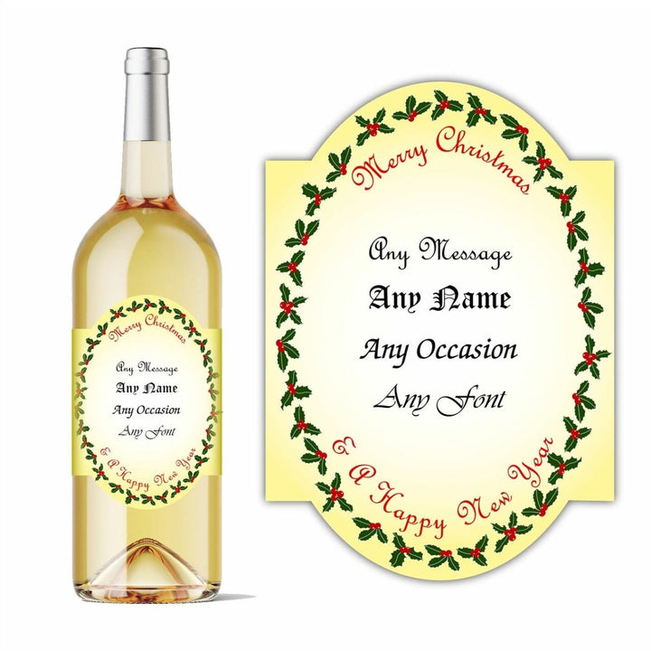 Buy Personalised Christmas holly oval wine bottle label, Add any message. from www.giftsfinder.co.uk